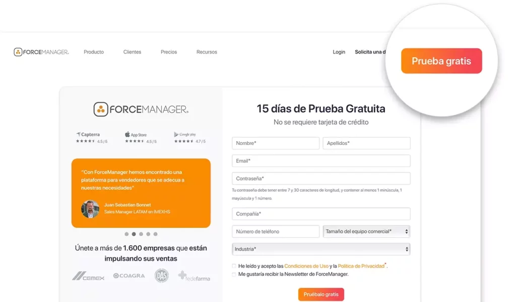 Página de Prueba gratis de ForceManager.