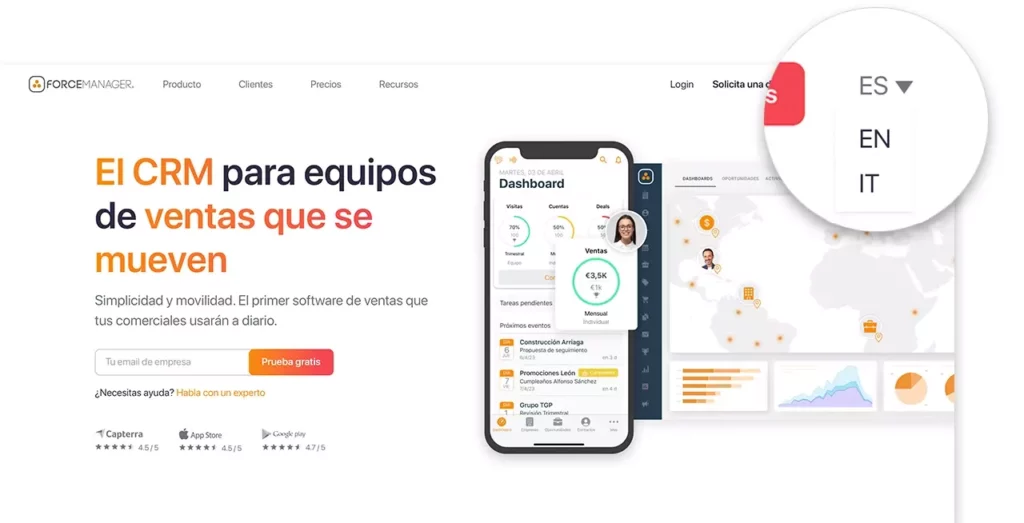 Página web de ForceManager con distintas versiones de idiomas.