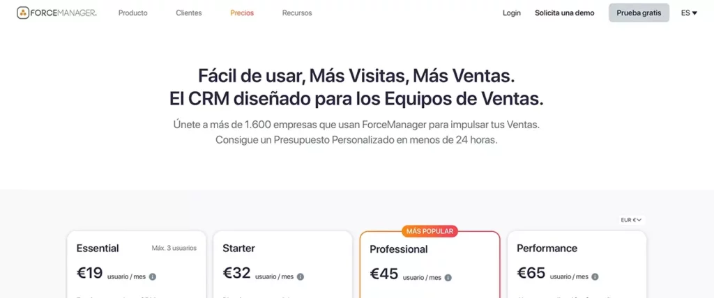 página de precios de web de ForceManager.