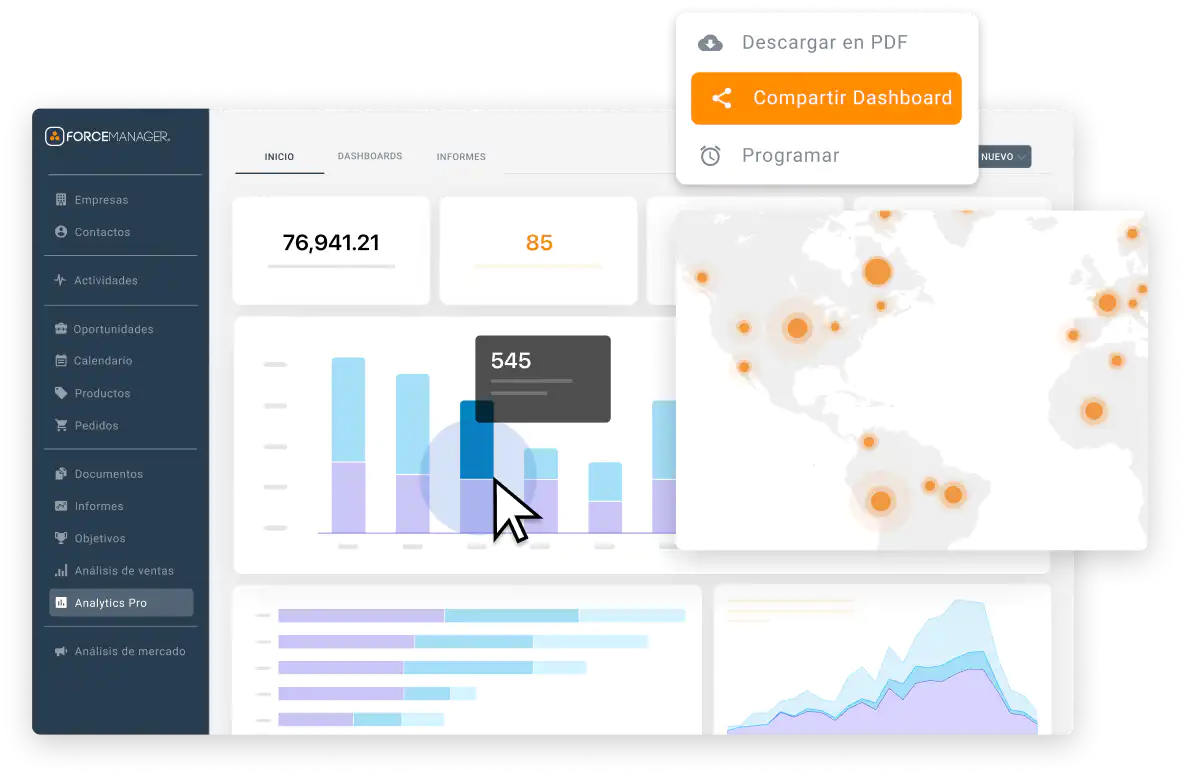 Dashboard de ForceManager de análisis detallados. Descargable en PDF.