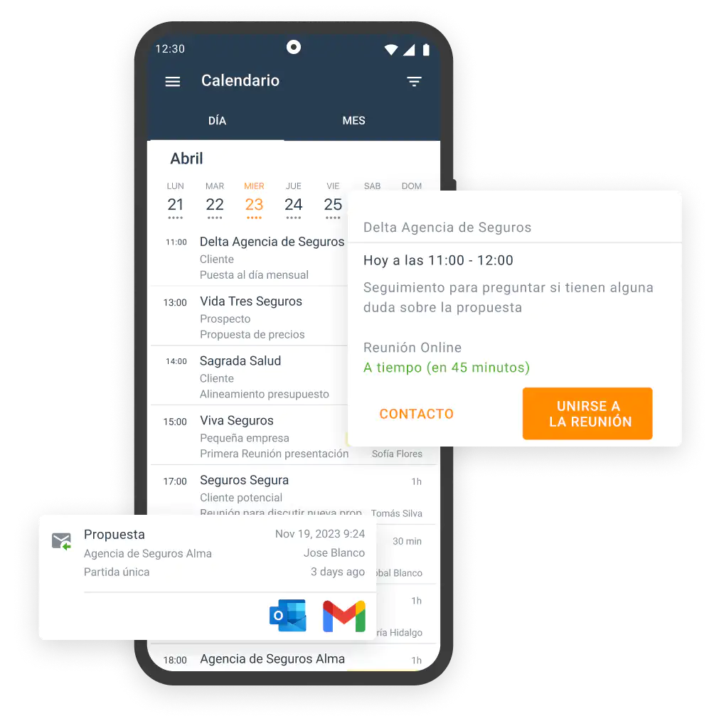 Móvil con la integración de ForceManager CRM con calendario y correo