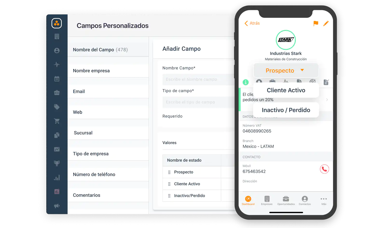 Dashboard de campos personalizados en ForceManager. Iphone con datos de contacto.