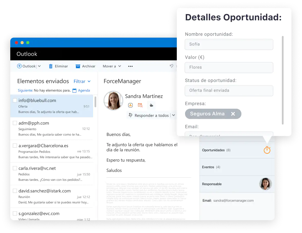 Widget de Outlook con datos de los clientes que se encuentran en el software de ForceManager