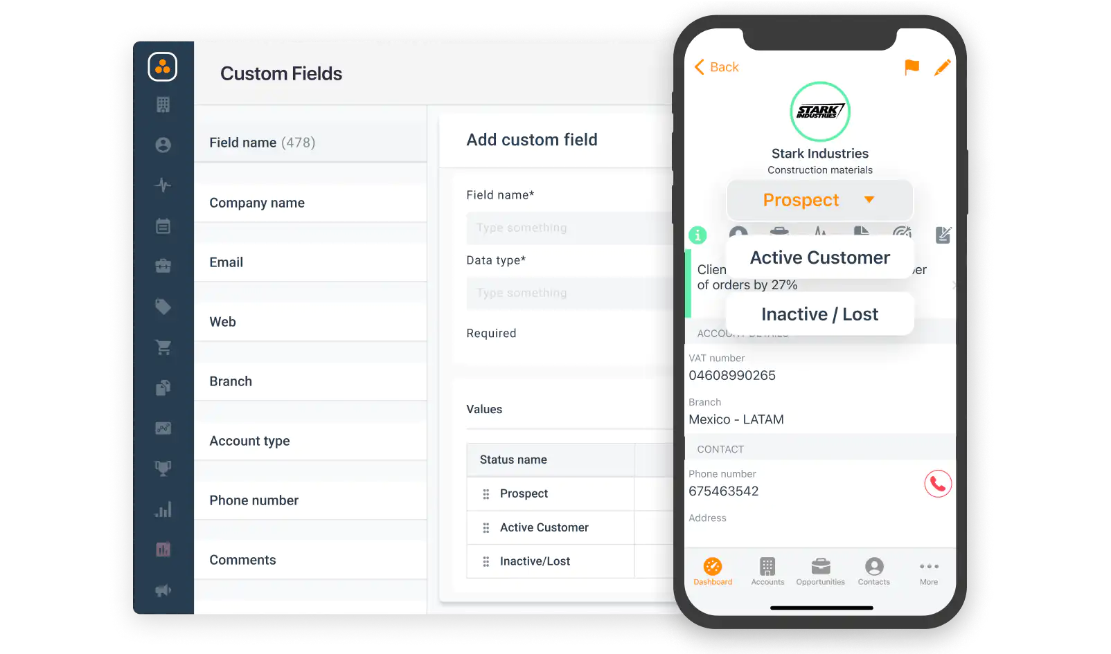 Dashboard of custom fields in ForceManager. Iphone with contact data.