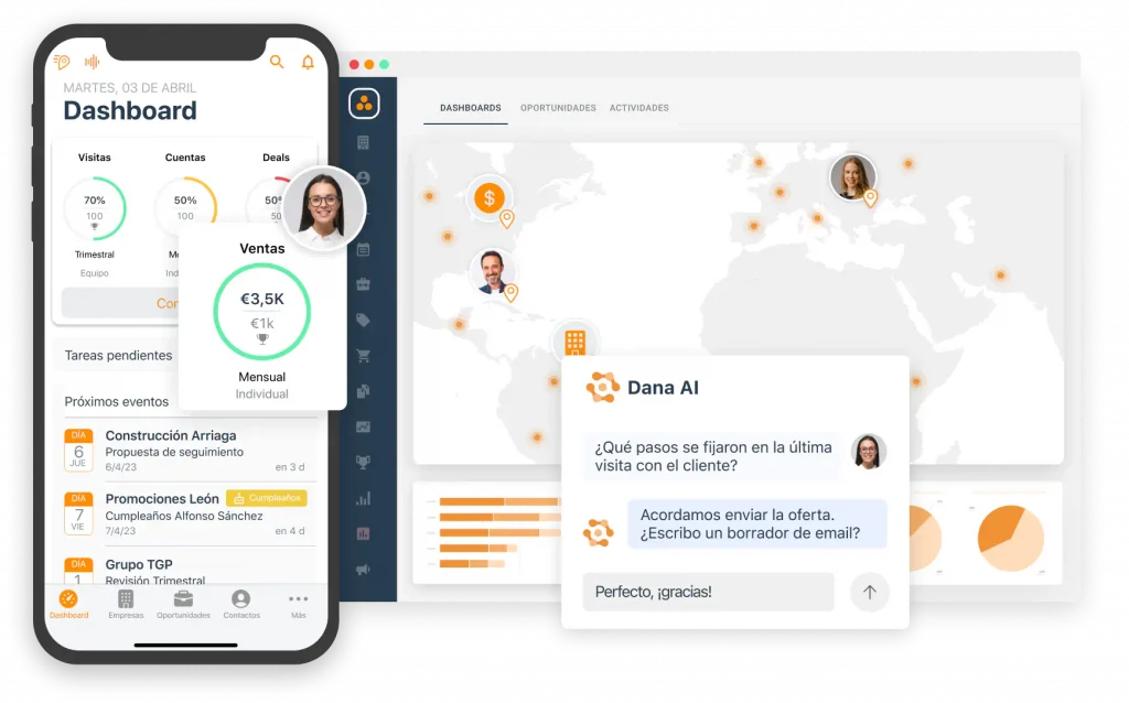 Imagen del CRM para Ventas ForceManager. Incluye una muestra de Dana AI, la Inteligencia Artificial para equipos de Ventas.