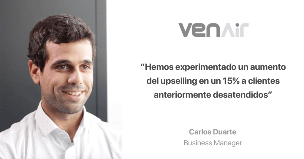 Cita de caso de éxito de Venair. "Hemos experimentado un aumento del upselling en un 15% a clientes anteriormente desatendidos"