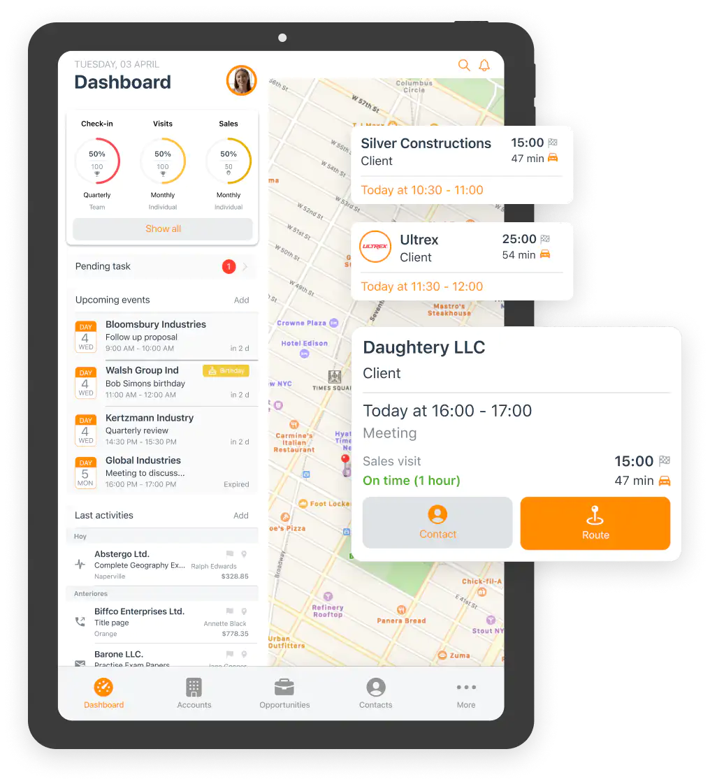 Dashboard on tablet with goals, calendar, reminders and commercial map.