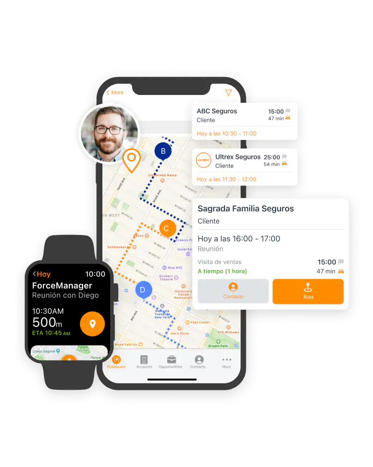 Mapa con ruta comercial e información contextual en el CRM para el sector asegurador.