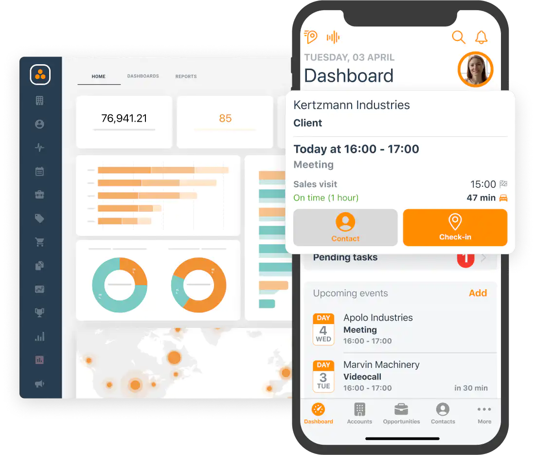 Widget di analisi delle attivitá commerciali e di vendita. Cellulare con dashboard di ForceManager