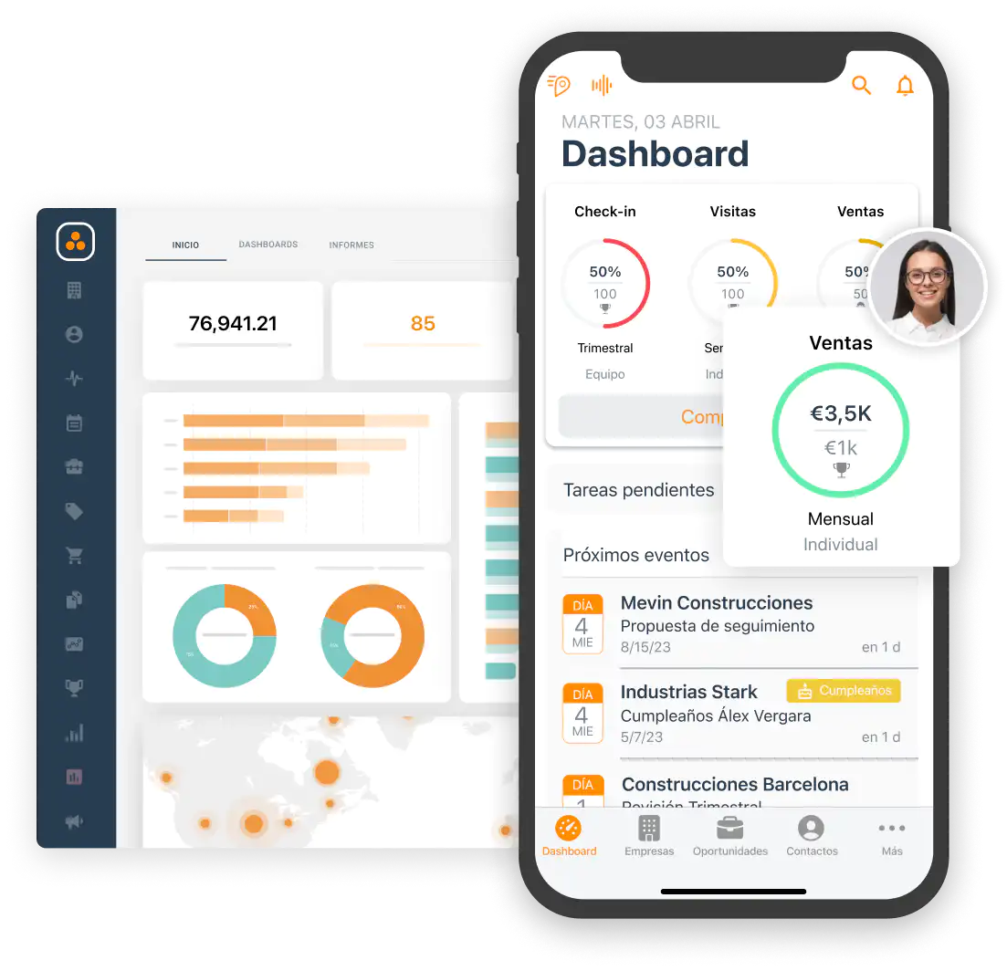 Escritorio móvil de dashboard del CRM con objetivos personalizables en sector de construcción.