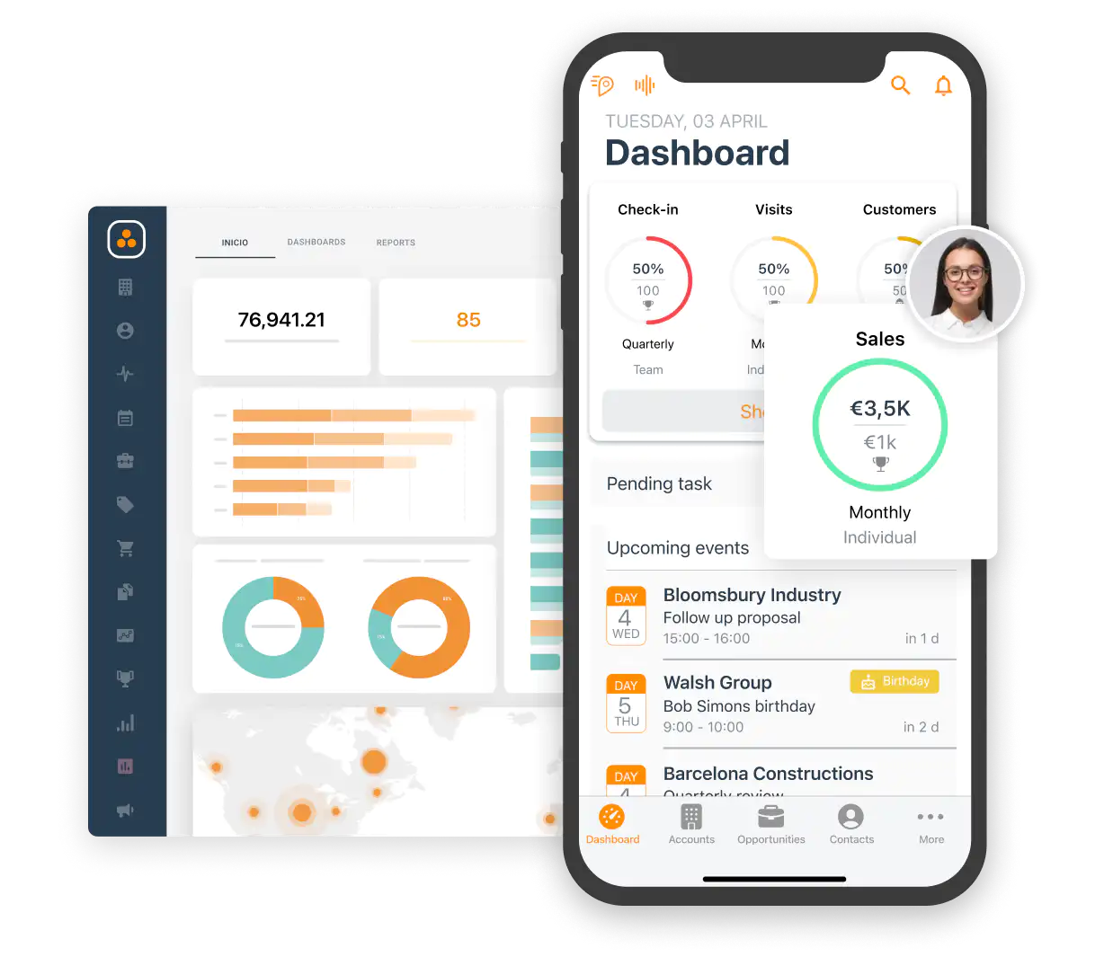 Schermata cellulare del dashboard del CRM con obiettivi personalizzabili nel settore della costruzione.