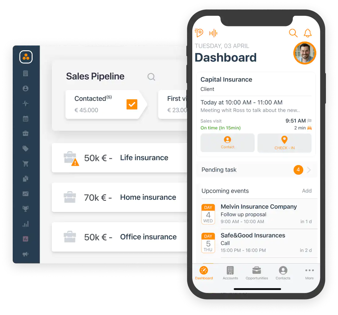 Sales pipeline screen with customer and opportunity control. Mobile with app dashboard