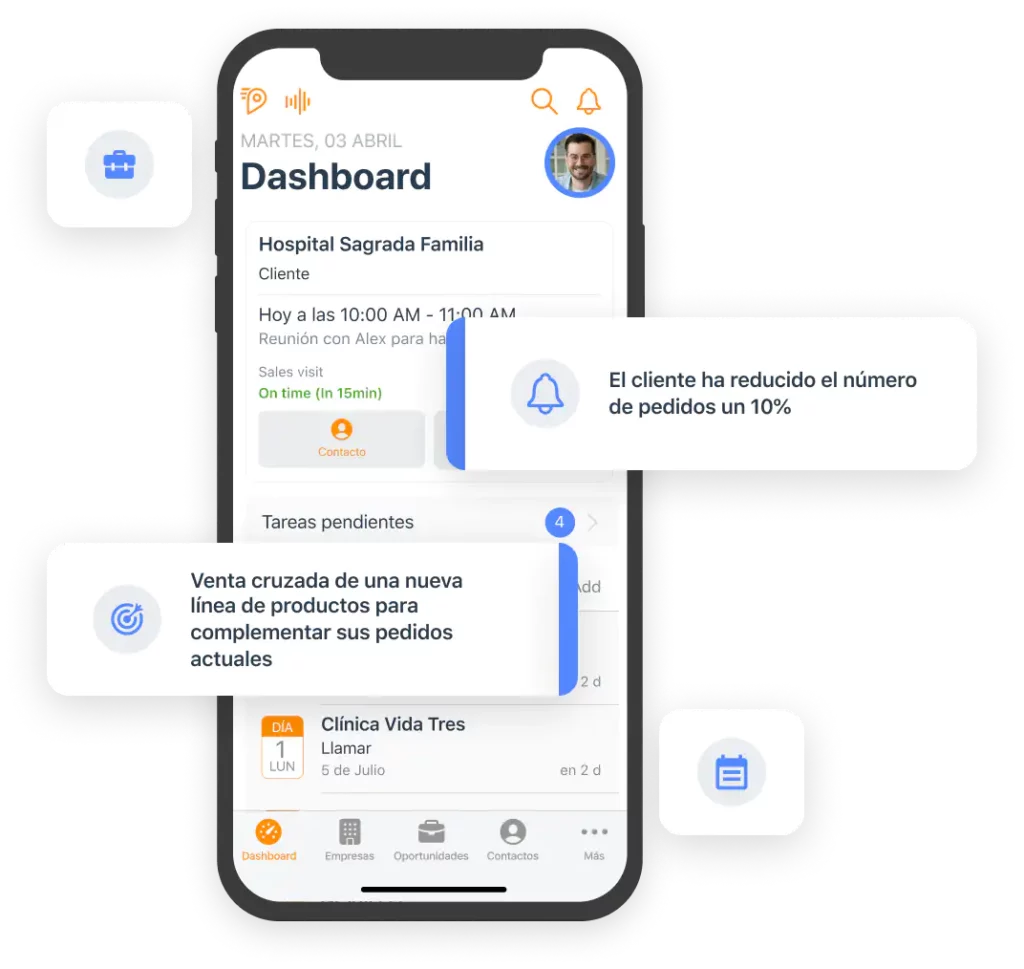 Dispositivo iOS con recomendaciones inteligentes del CRM para vendedores