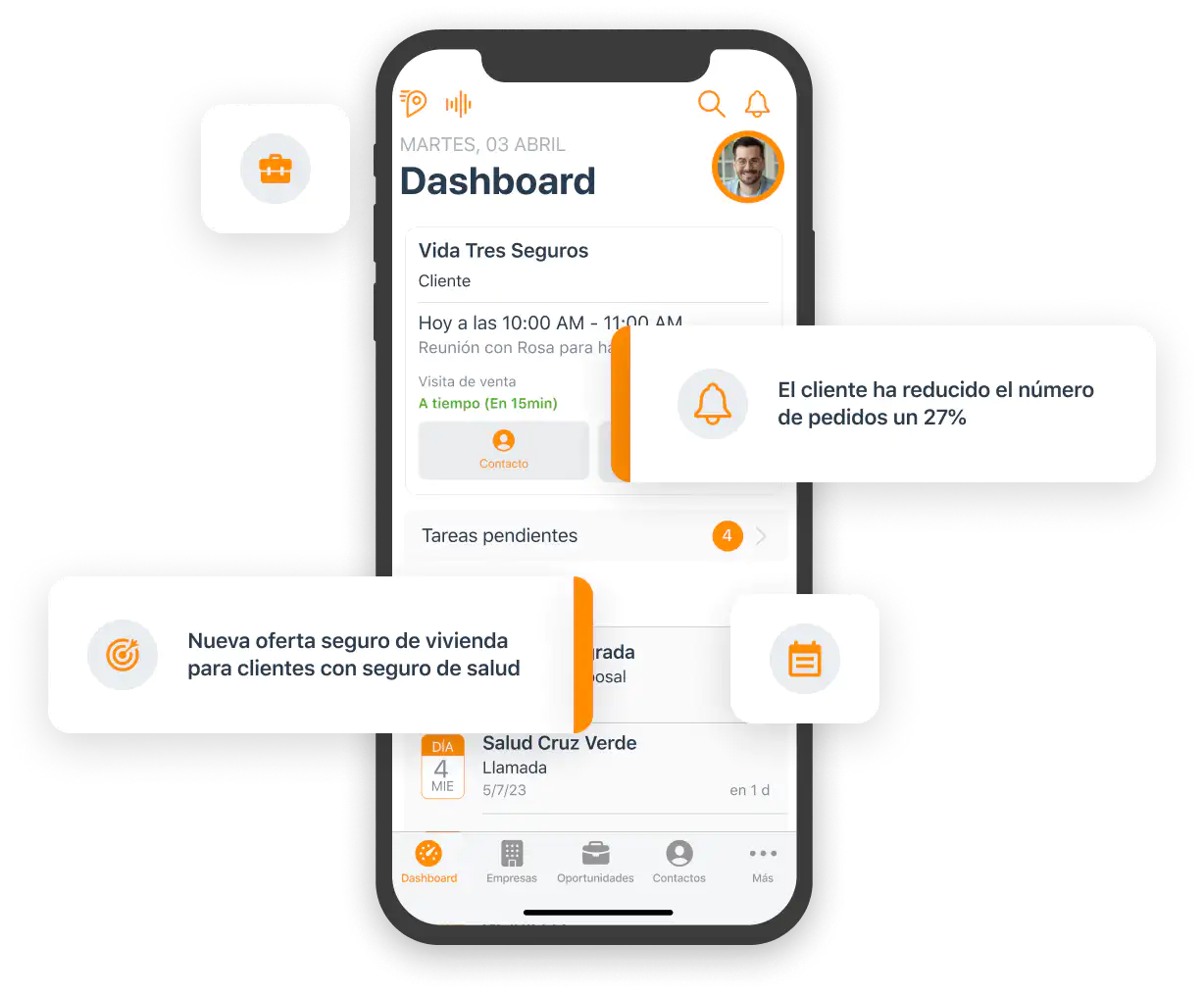 Dashboard versión móvil con recordatorio del vencimiento de las pólizas.