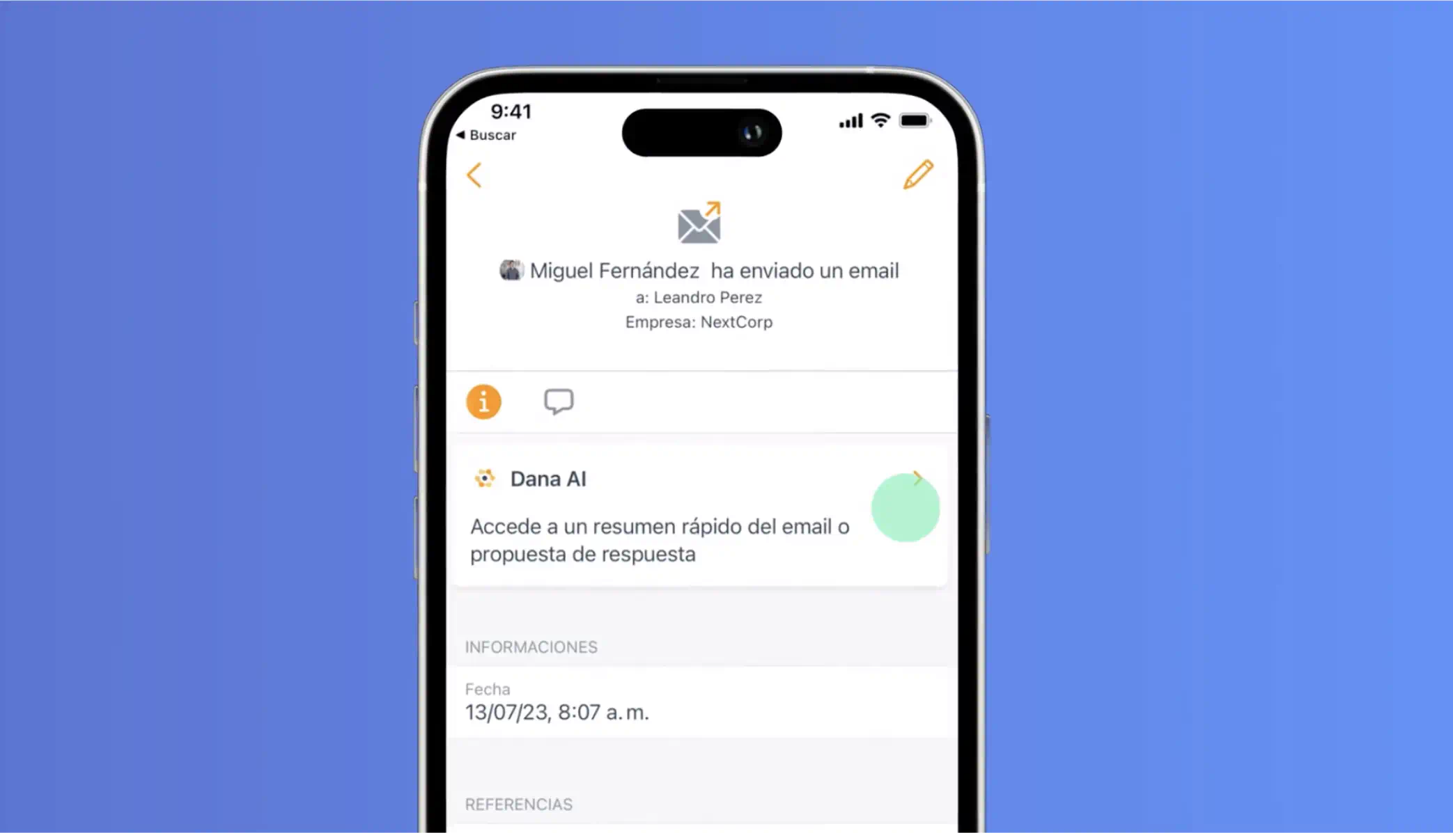 Resumen y redacción de emails de Dana AI - Inteligencia Artificial para equipos de Ventas integrada en tu CRM