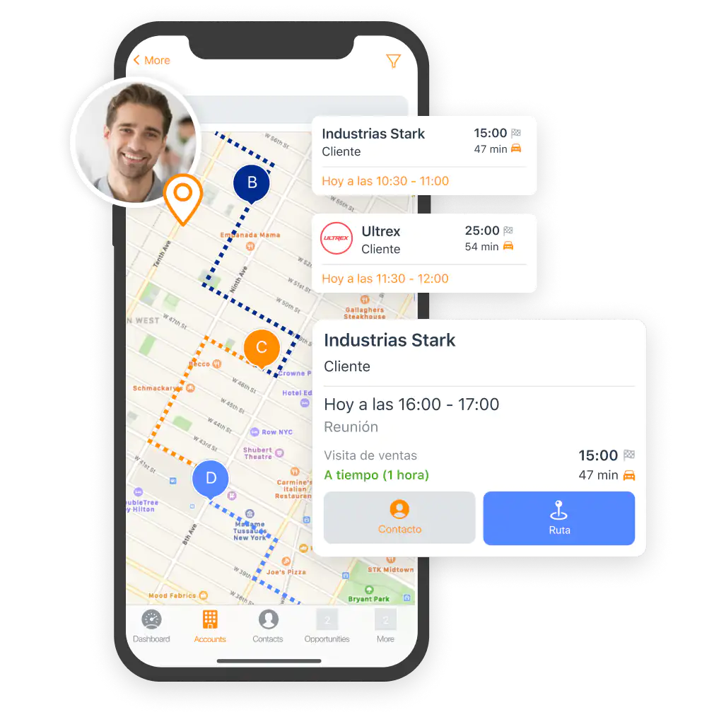 Ruta comercial de ForceManager versión móvil con recordatorios de reuniones. 