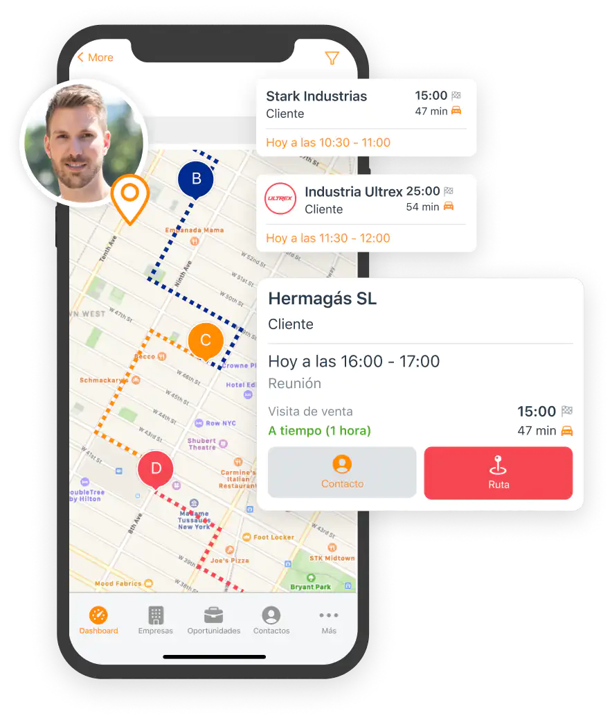 Mapa con ruta comercial e información contextual en el CRM para iOS de ForceManager