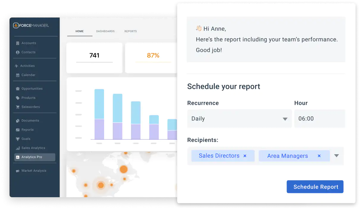 Dashboard di rendimento del team. Widget con programmazione di invio al team di vendita