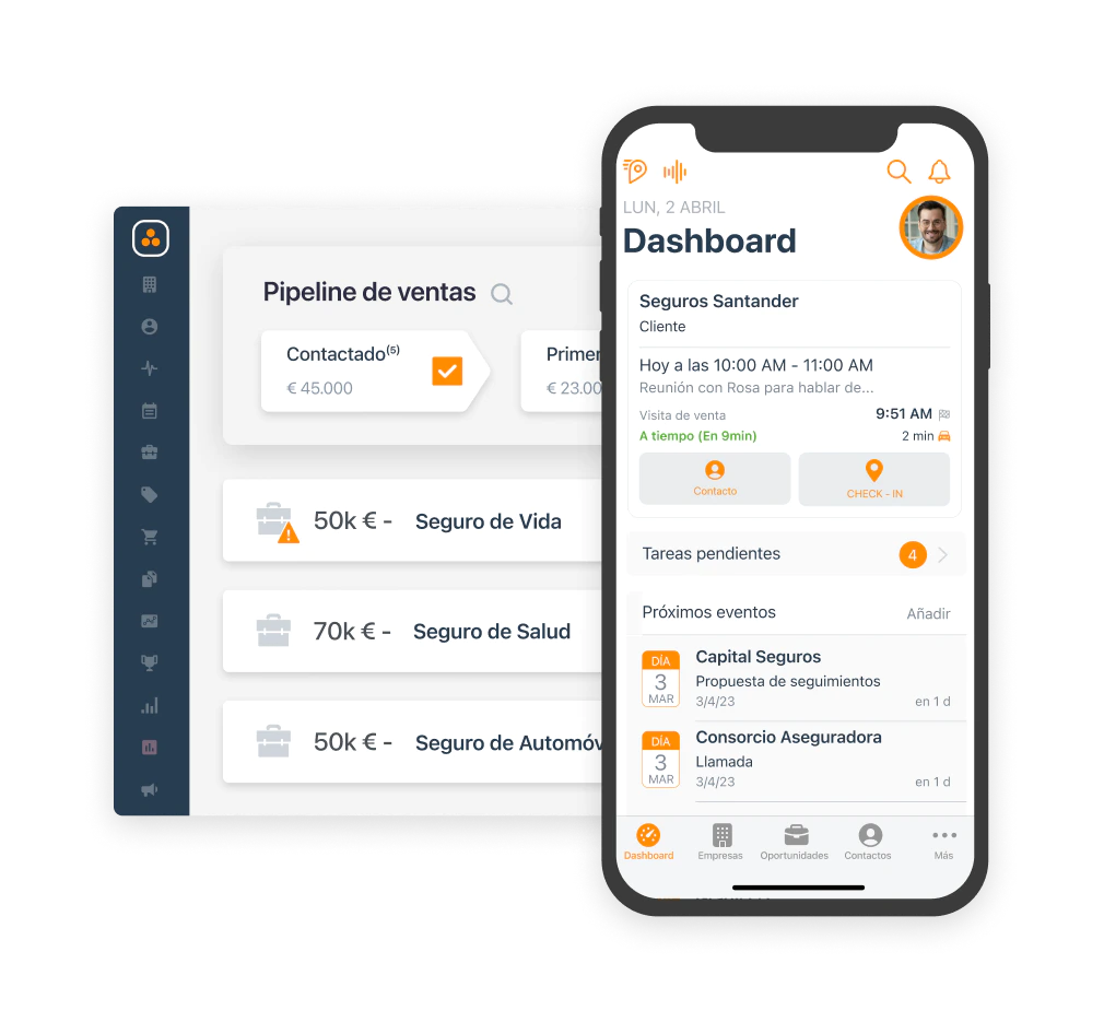 Pantalla de pipeline de ventas con control de clientes y oportunidades. Móvil con el dashboard de la app