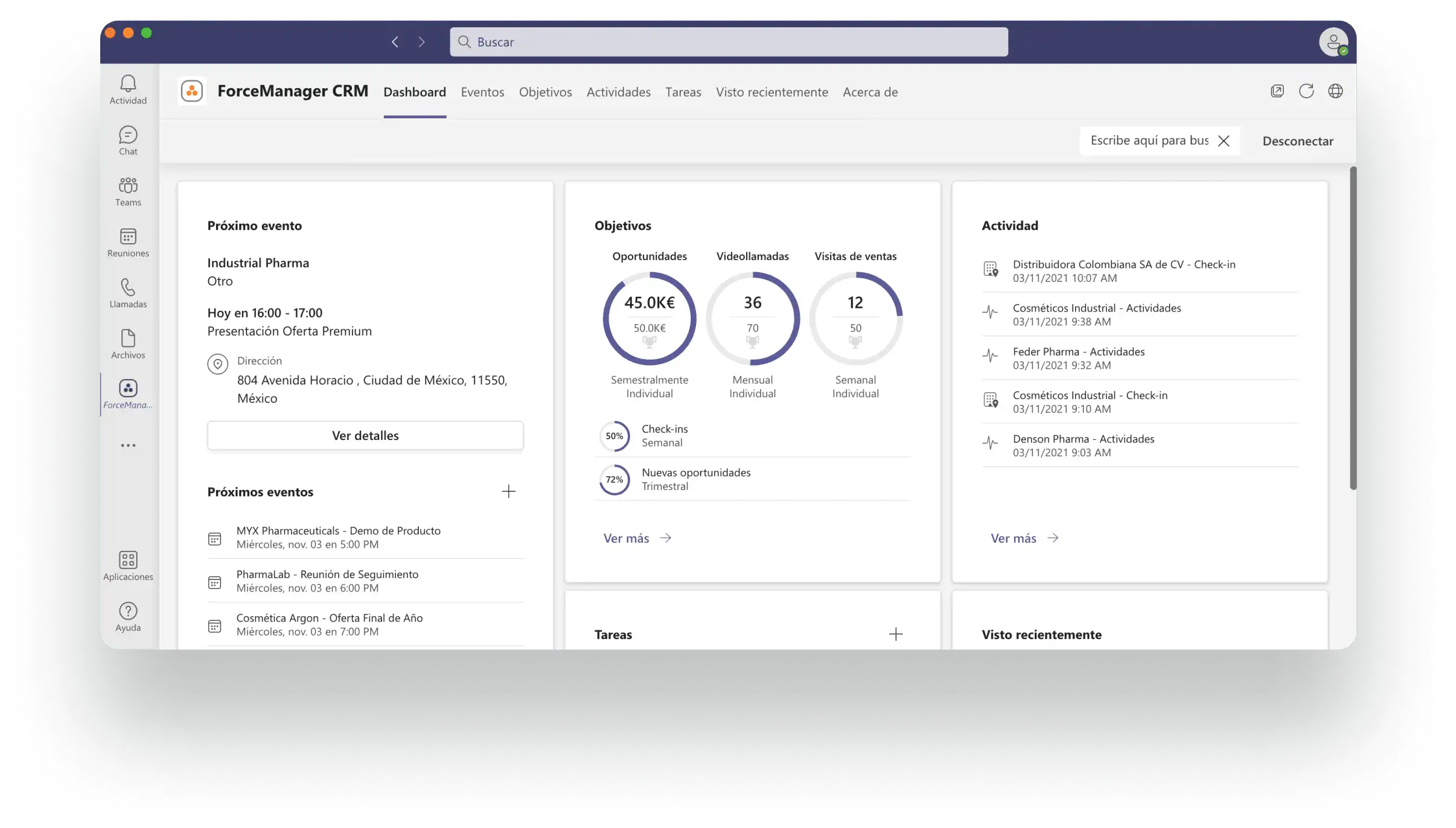 Visibilidad completa de objetivos y clientes en Microsoft teams.