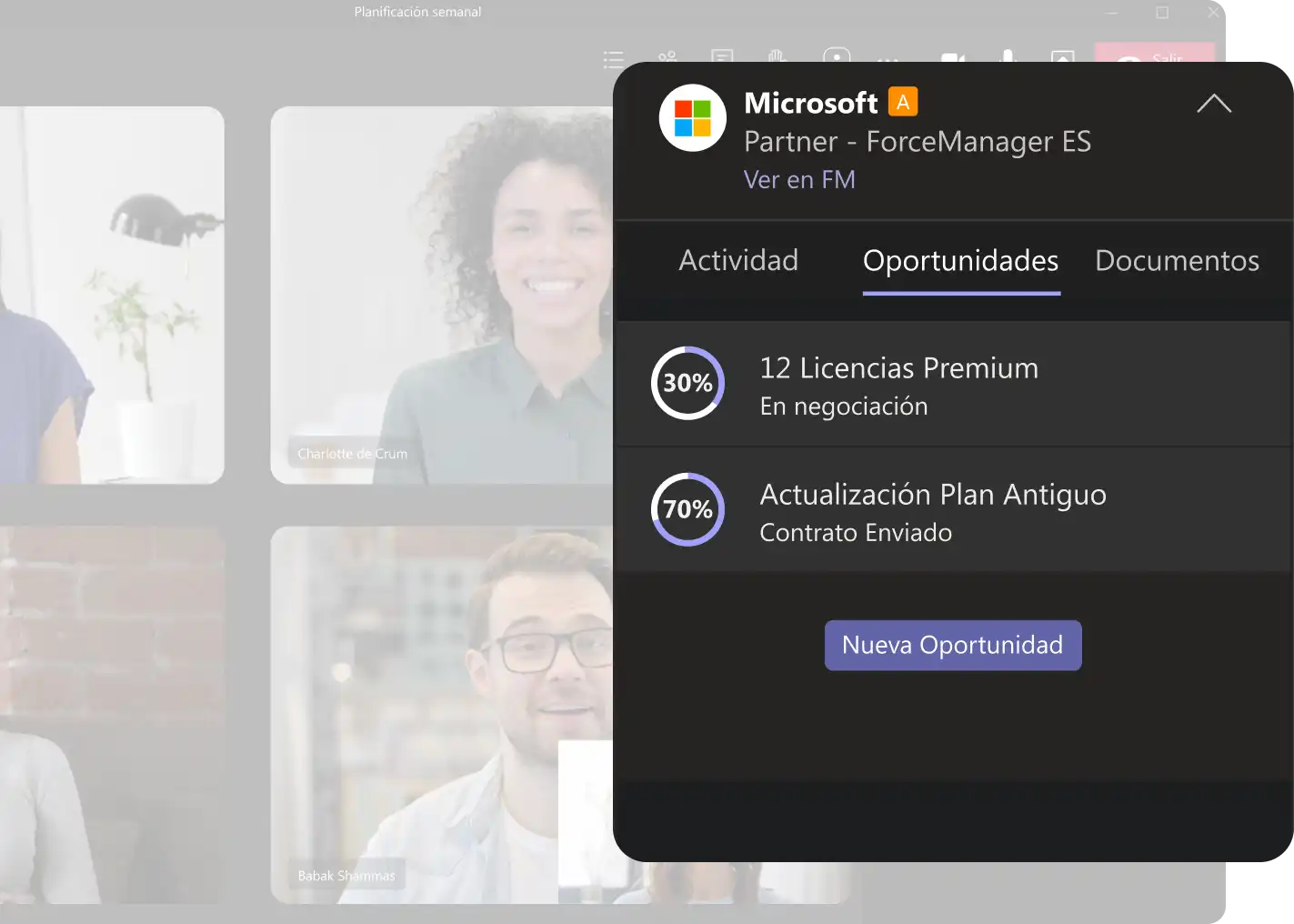 Widget de visualización de oportunidades en Microsoft teams.